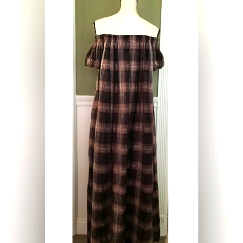 SOLD Off Shoulder Plaid Maxi Dress